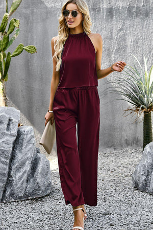 Grecian Neck Sleeveless Pocketed Top and Pants Set-Trendsi-Wine-S-Très Elite