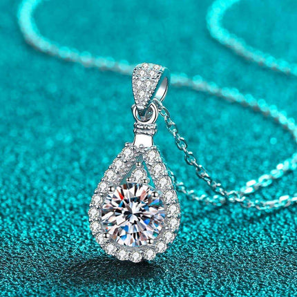 Elegant Lab-Diamond Teardrop Silver Pendant Necklace