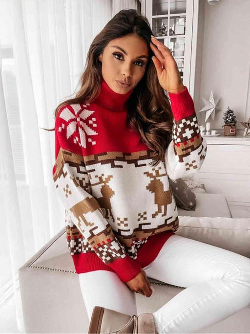 Cozy Reindeer Print Turtleneck Sweater with Drop Shoulder