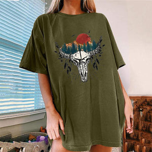 Women's Western Bullhead Print Short Sleeve T-Shirt-kakaclo-Olive green-S-Très Elite