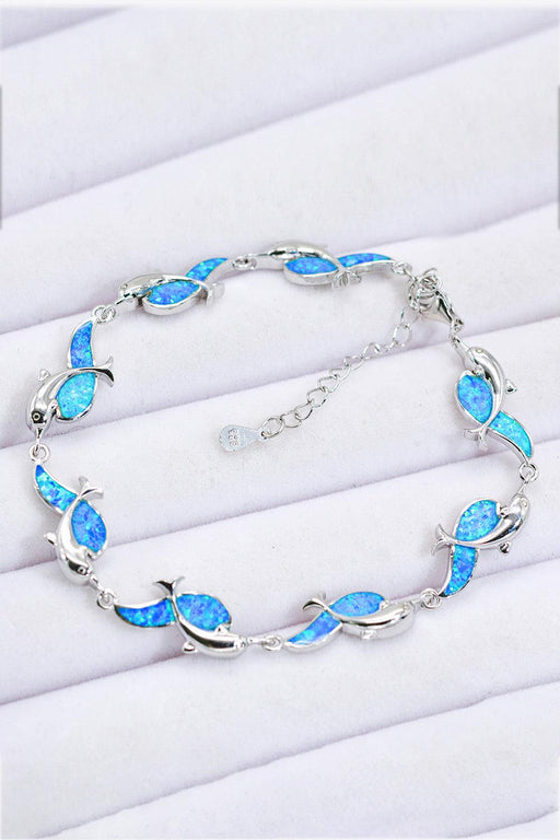Opal Dolphin Sterling Silver Bracelet with Platinum Finish - Elegant Sea-inspired Opulence