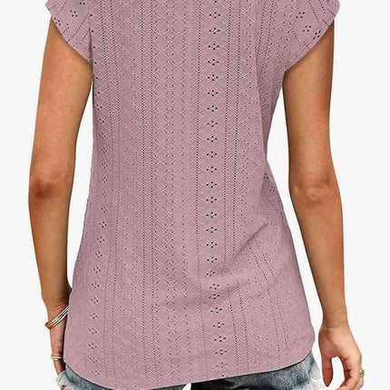 Elegant Eyelet Chevron V-Neck Tee with Stylish Openwork Design