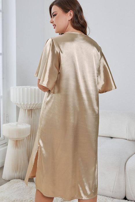 Nighttime Elegance: Flutter Sleeve Plus Size Nightgown with V-Neck & Slit