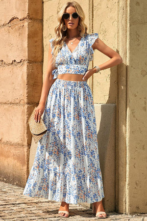 Printed Tie Back Cropped Top and Maxi Skirt Set-Trendsi-White-S-Très Elite