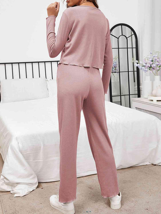 Cozy Button-Up Lounge Set with Long Sleeve Top and Pants- Two-Piece Polyester Loungewear