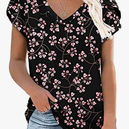 Chic Floral V-Neck Top with Delightful Petal Sleeves