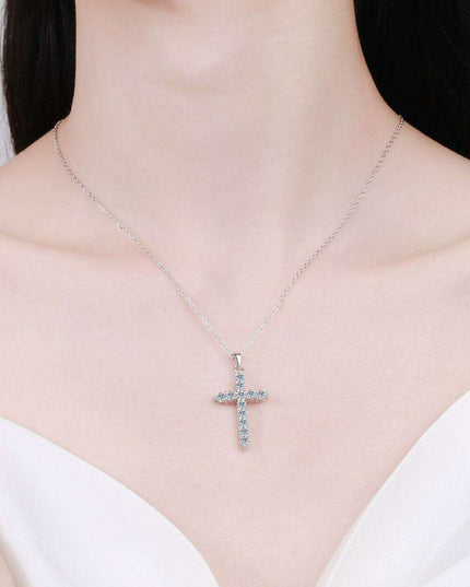 Elegant Rhodium-Finished Sterling Silver Cross Necklace with Lab-Diamonds