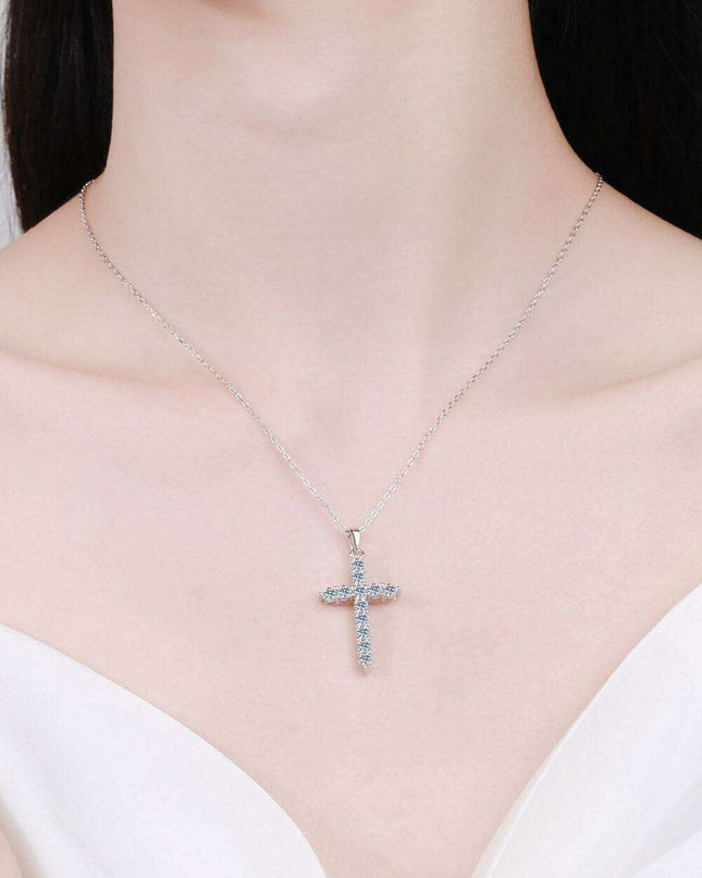 Elegant Rhodium-Finished Sterling Silver Cross Necklace with Lab-Diamonds