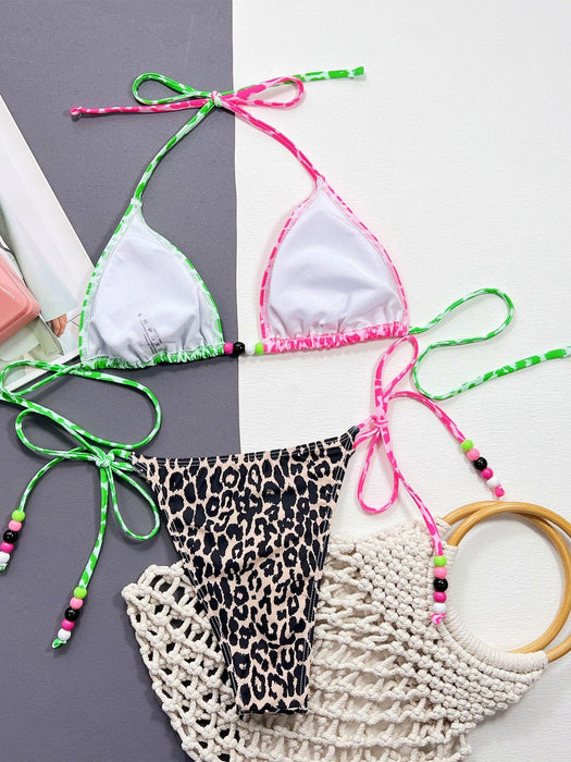 Leopard Print Lace-Up Halter Bikini Set