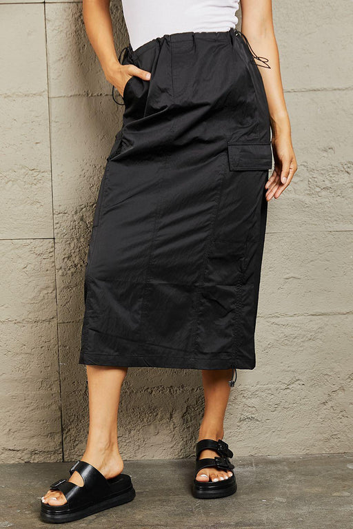 Elegant Black High Waist Cargo Midi Skirt with Elastic Scrunch Detail