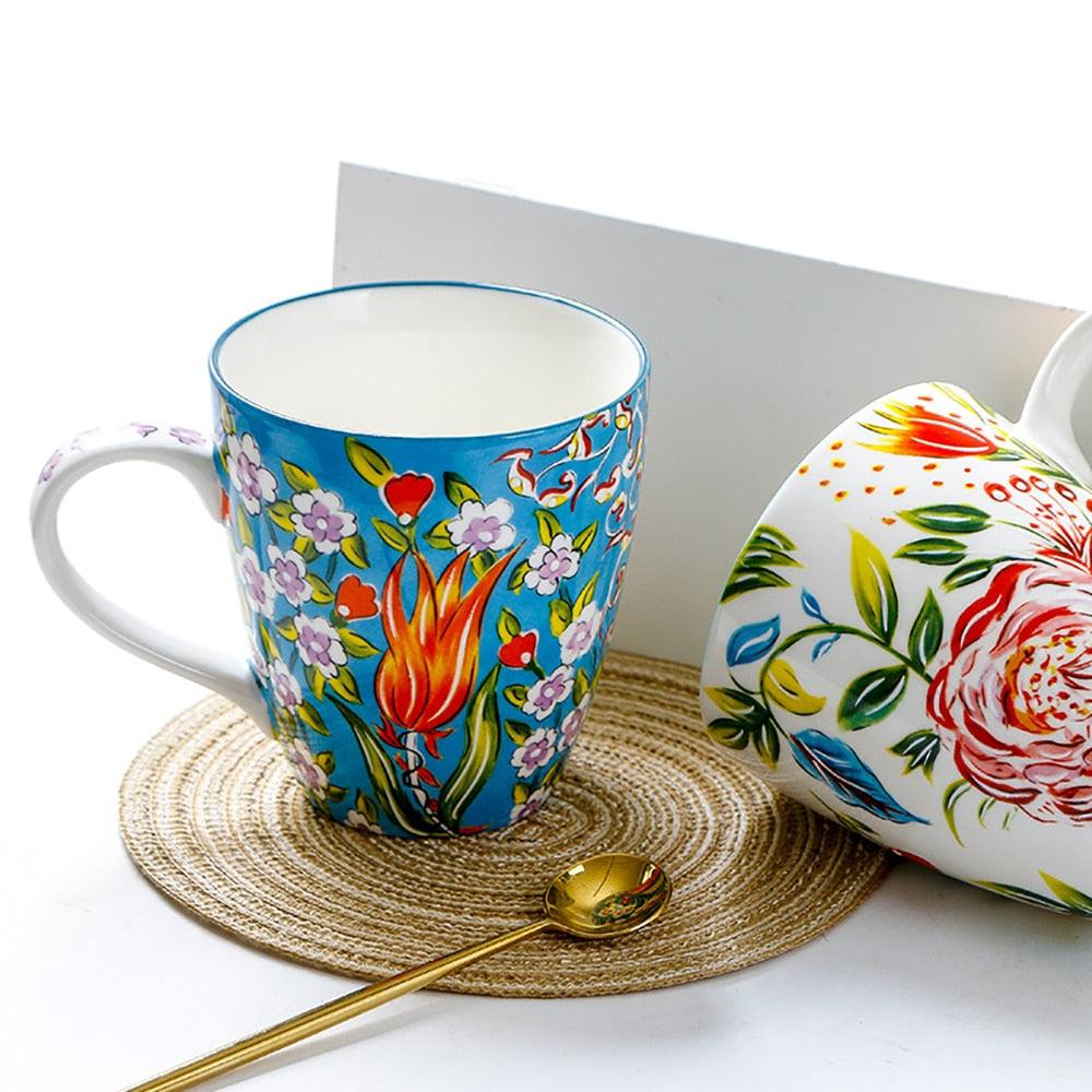 Hand Painted Ceramic Breakfast Mugs Flower Pattern Milk Oatmeal Coffee Cup-Très Elite-Peacock Flower-About 550ml-Très Elite