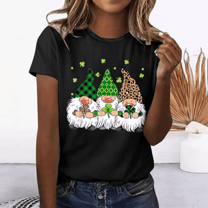 Women's Crewneck Lucky Elf Print Short-sleeved T-shirt-kakaclo-Black-S-Très Elite