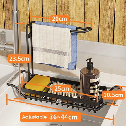 Adjustable Stainless Steel Sink Rack with Integrated Towel Holder - Perfect for Kitchen and Bathroom Organization