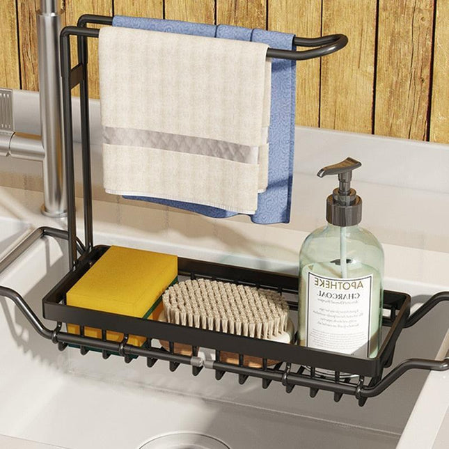 Adjustable Stainless Steel Sink Rack with Integrated Towel Holder - Perfect for Kitchen and Bathroom Organization