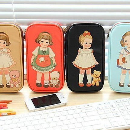Adorable Cartoon Doll Girl Illustrated Storage Pouch and Organizer