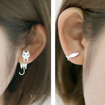 Adorable Sterling Silver Catfish Dangle Earrings for Feline Enthusiasts - Très Elite