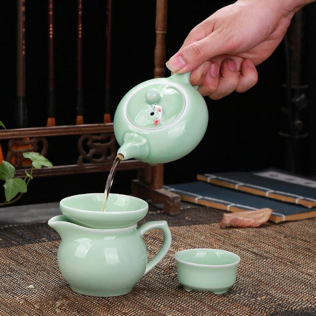 Artisan Fish-Themed Longquan Celadon Tea Set with Elegant Ceramic Kettle