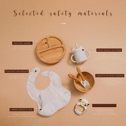 Bamboo Baby Feeding Set with Suction Plates and Rattle Toy - 7-Piece Collection - Très Elite