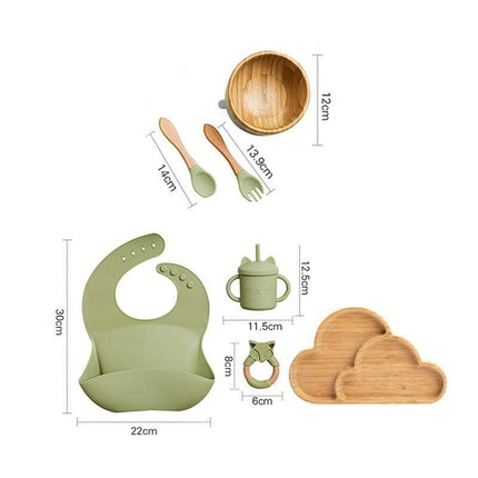 Bamboo Baby Feeding Set with Suction Plates and Rattle Toy - 7-Piece Collection - Très Elite