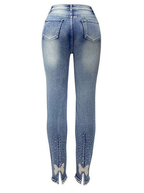 Beaded Distressed Denim Skinny Jeans for Women - Chic Glamour and Style Elevation