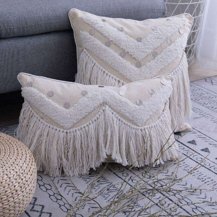 Beige Moroccan Diamond Textured Fringe Pillow Cover - Très Elite