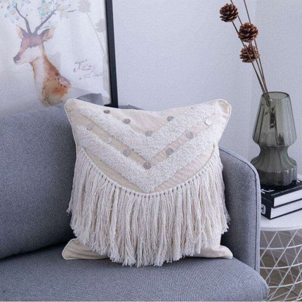 Beige Moroccan Diamond Textured Fringe Pillow Cover - Très Elite