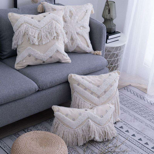 Beige Moroccan Diamond Textured Fringe Pillow Cover