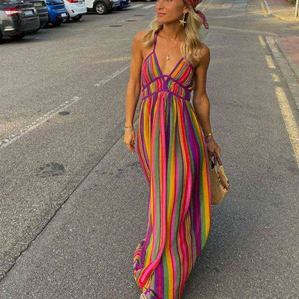 Bohemian Chic Rainbow Striped Summer Dress for Stylish Women - Très Elite
