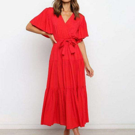 Bohemian Chic V-Neck Midi Dress with Flared Sleeves - Essential for Women's Fashion