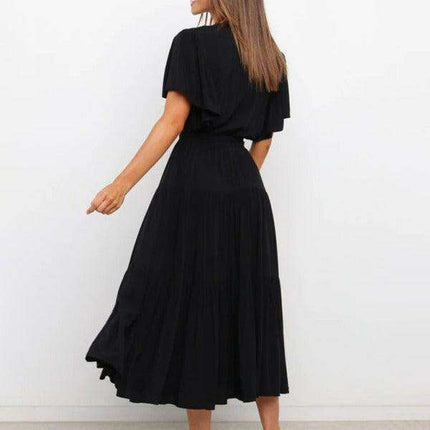 Bohemian Chic V-Neck Midi Dress with Flared Sleeves - Essential for Women's Fashion