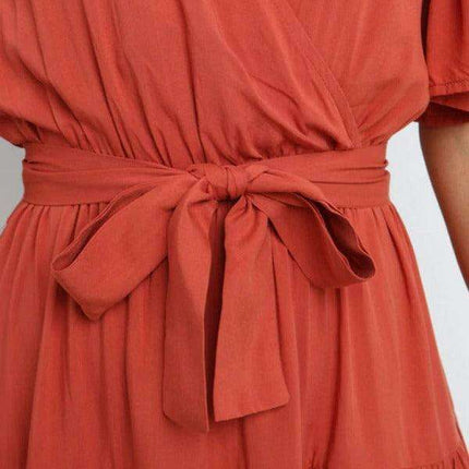 Bohemian Chic V-Neck Midi Dress with Flared Sleeves - Essential for Women's Fashion