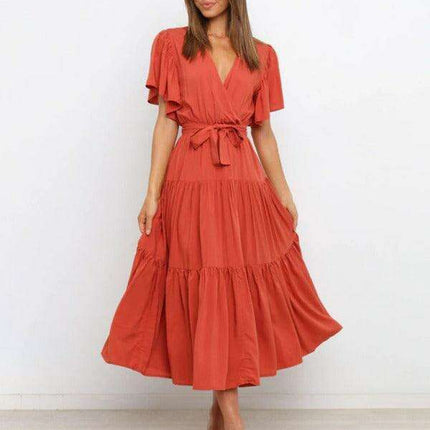 Bohemian Chic V-Neck Midi Dress with Flared Sleeves - Essential for Women's Fashion
