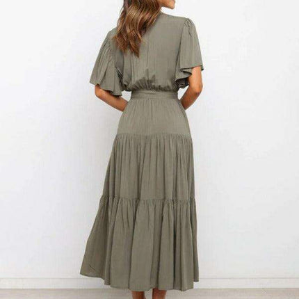 Bohemian Chic V-Neck Midi Dress with Flared Sleeves - Essential for Women's Fashion