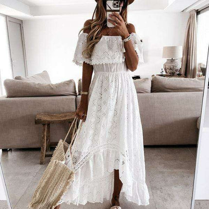 Bohemian Dream Lace Off-Shoulder Dress with Playful Details - Très Elite