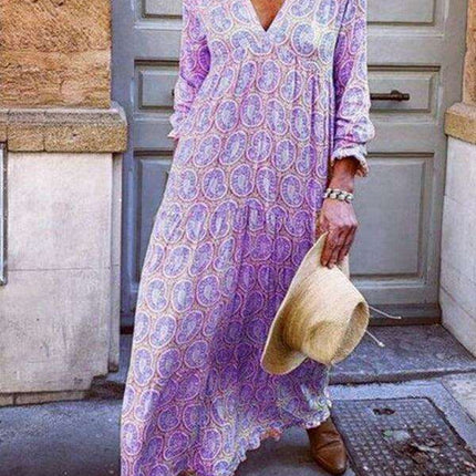 Bohemian Elegance V-Neck Maxi Dress with Flowing Sleeves