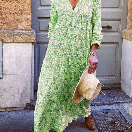 Bohemian Elegance V-Neck Maxi Dress with Flowing Sleeves