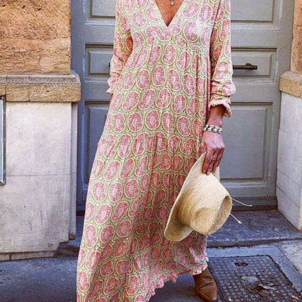 Bohemian Elegance V-Neck Maxi Dress with Flowing Sleeves