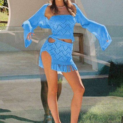 Bohemian Fringe Knit Three-Piece Set for the Free-Spirited Woman - Très Elite