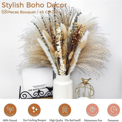 Boho Chic Pampas Grass Floral Set - 68 Pieces of Dried Natural Blooms - Très Elite