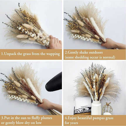 Boho Chic Pampas Grass Floral Set - 68 Pieces of Dried Natural Blooms - Très Elite