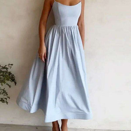 Boho Chic Pleated Suspenders Dress with U-Neck and Dropped Sleeves - Très Elite