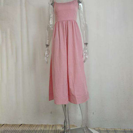 Boho Chic Pleated Suspenders Dress with U-Neck and Dropped Sleeves - Très Elite