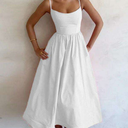 Boho Chic Pleated Suspenders Dress with U-Neck and Dropped Sleeves - Très Elite