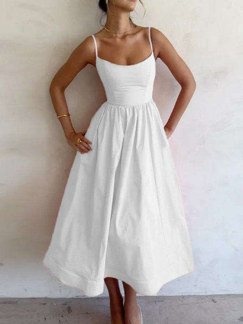 Boho Chic Pleated Suspenders Dress with U-Neck and Dropped Sleeves