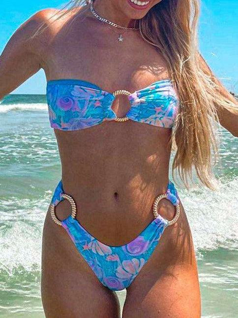 Boho Chic Ring-Embellished Bandeau Swimsuit with Unique Print