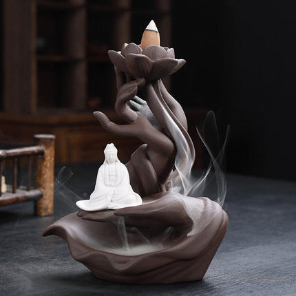 Buddha Hand Ceramic Backflow Incense Burner - Tranquil Smoke Cascade for Mindfulness and Relaxation - Très Elite