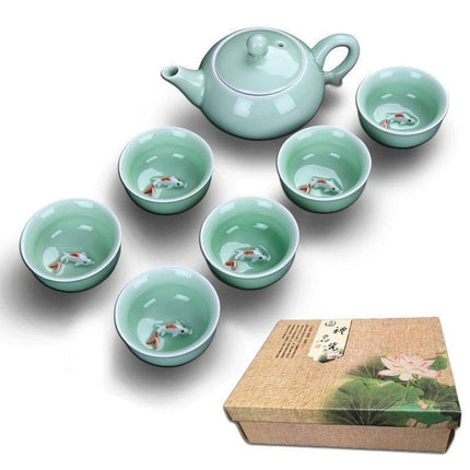 Celadon Serenity: Traditional Asian Fish-Inspired Tea Set for Tranquil Rituals - Très Elite