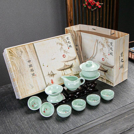 Celadon Serenity: Traditional Asian Fish-Inspired Tea Set for Tranquil Rituals - Très Elite