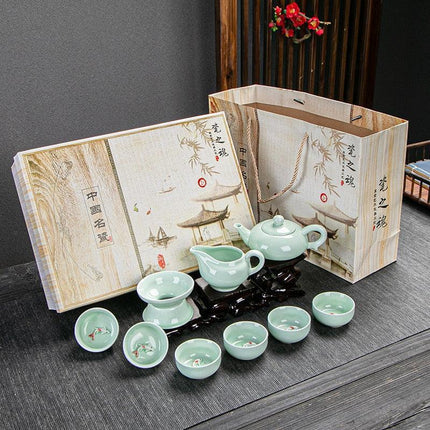 Celadon Serenity: Traditional Asian Fish-Inspired Tea Set for Tranquil Rituals - Très Elite