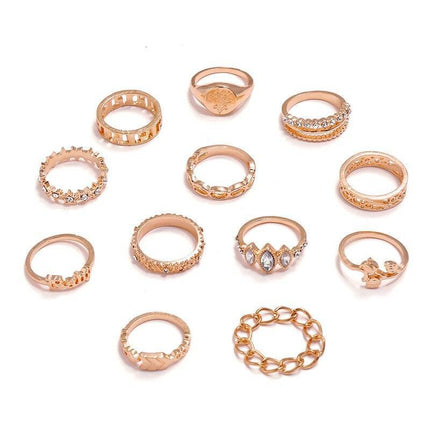 Charming 12-Piece Bohemian Gold Crystal Ring Set - Elegant Jewelry Collection for Women - Très Elite